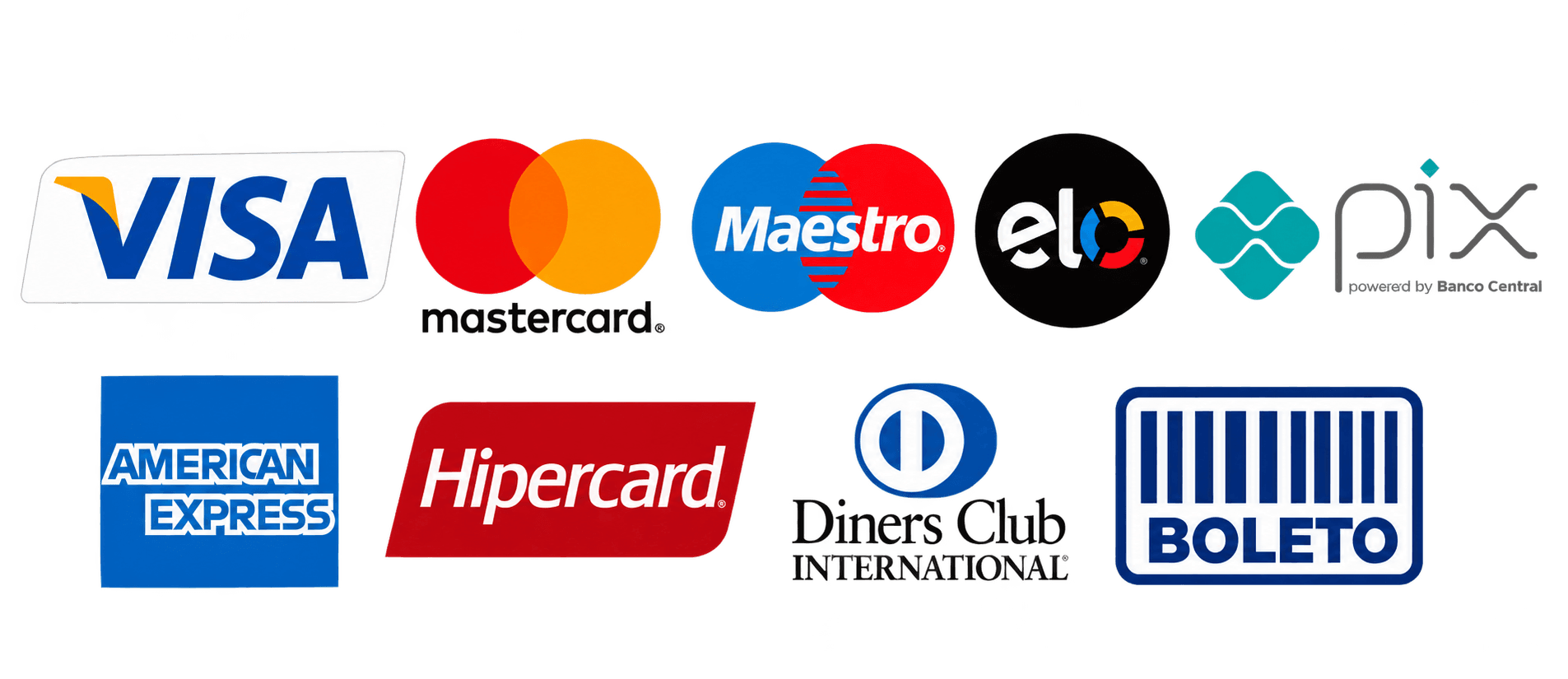 Formas de pagamento aceitas: Visa, Mastercard, Maestro, Elo, Pix, American Express, Hipercard, Diners Club e boleto